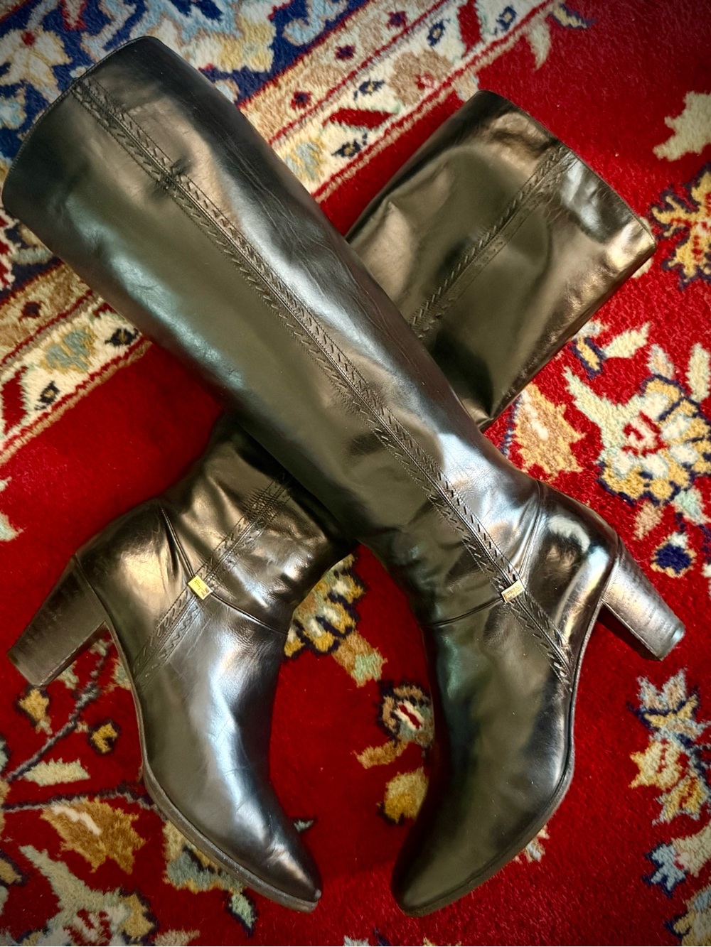 Black FERRAGAMO Leather Knee-High Heeled Boots Vintage 1990s